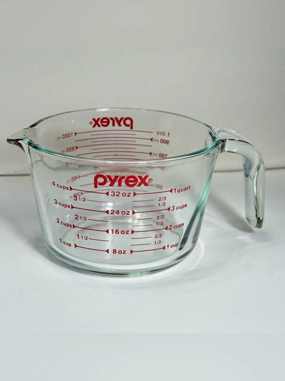 Vintage Glass PYREX Measuring Cup 4 Cup 1 Quart 32oz 1 Liter Red Letters